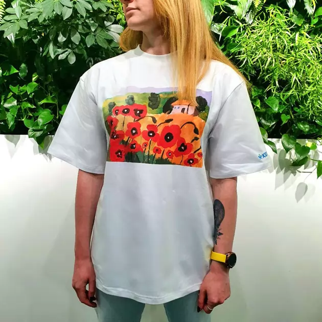 Патриотическая футболка коллекции Маки", L/XL унисекс оверсайз, белая"
