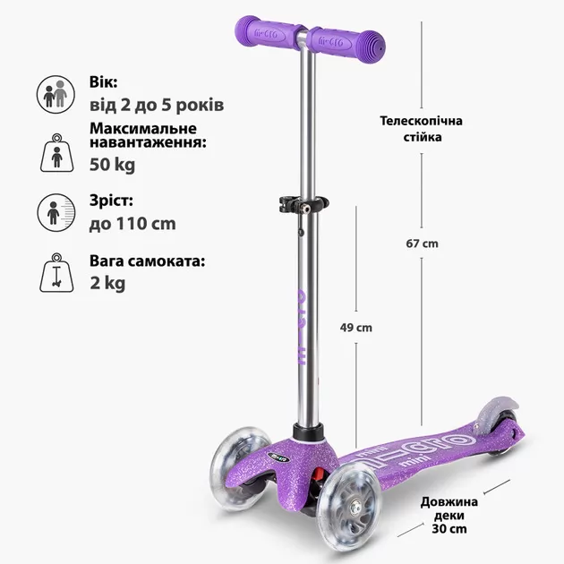 Самокат Micro серии Mini Deluxe Fairy Glitter LED" - Пурпурный"