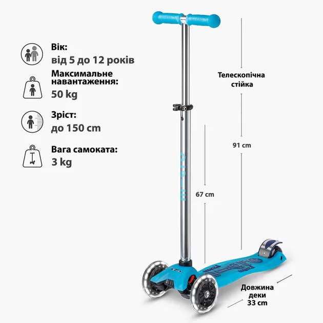 Самокат Micro серии Maxi Deluxe Glow LED" - Синий хрусталь"