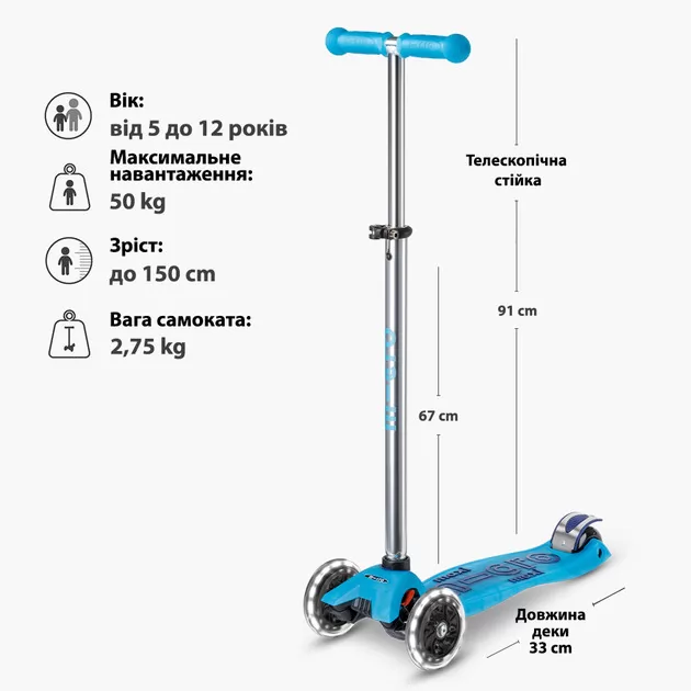 Самокат Micro серии Maxi Deluxe Glow LED Plus" - Синий хрусталь"